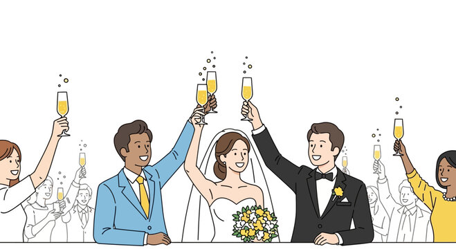 Happy Wedding Couple Toasting Champagne with Guests