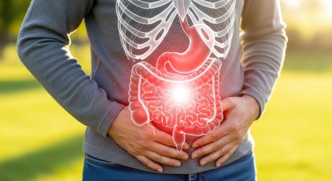 Person experiencing abdominal distress, internal organ inflammation, visible intestinal disease, a serious gastrointestinal condition, discomforting human anatomy outdoors