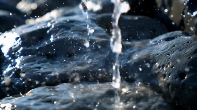 Slow-motion macro video: crystal-clear water splashes over dark, wet volcanic rocks, with glistening droplets, reflections, and bokeh. Mesmerizing water dynamics concept