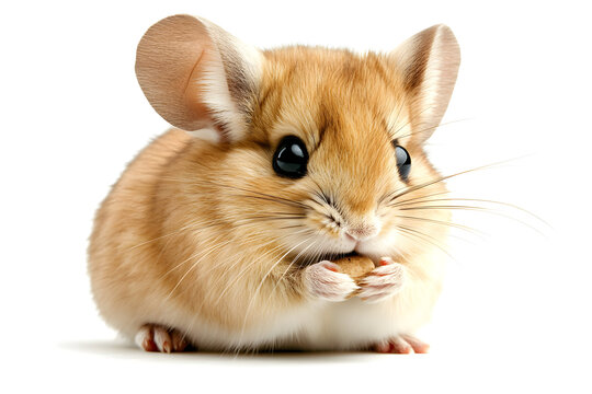 Cute little brown gerbil eating a seed isolated on white background