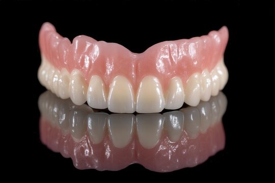 Full upper denture with realistic gums and teeth reflected on a glossy black surface.