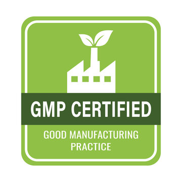 GMP Certified Good Manufacturing Practice Logo with Factory and Leaf Icon for Quality Assurance, Industrial Compliance, and Sustainable Production