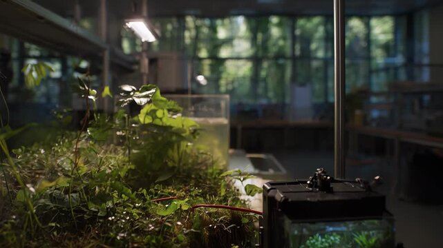Various plants thrive in a controlled laboratory environment, featuring a mini aquarium and scientific equipment for ongoing experiments and botanical observation