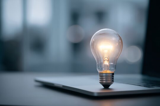 Lightbulb icon floating above modern office desk with laptop, modern business environment