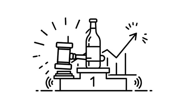 Auction of Fine Wine Bottle on Podium Winning Number One with Hammer Symbol and Upward Arrow with Dollar Symbols