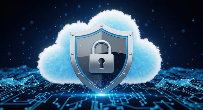 Cloud security shield with lock on digital background