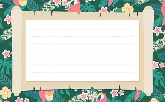 夏らしい南国トロピカルな罫線ありメモ紙フレーム背景_冒険、探検_夏休みイベント等に