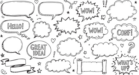 Obraz premium sketchy hand-drawn comic speech and thought bubbles collection for design projects illustrating dialogue and communication concepts.