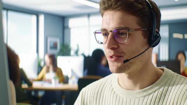 A young caucasian man (25-30) in modern glasses & headset smiles, speaking into a microphone with soft bokeh and diffused natural light in a modern open office. Concept of customer support interaction