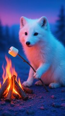 Fototapeta premium Cute fox roasting marshmallow outdoors.