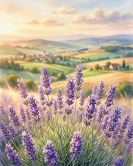 Obraz premium lavender flowers with rolling countryside in dreamy landscape 