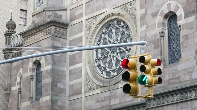 New York Central Synagogue old historic building 1872, Lexington avenue, United States of America. Jewish congregation in Manhattan. Judaism religion landmark. Star of David geometry ornament. Window.