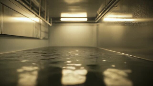Interior room floor is completely flooded with water featuring ripples and reflecting overhead lights, creating an unsettling atmosphere of containment and liquid presence