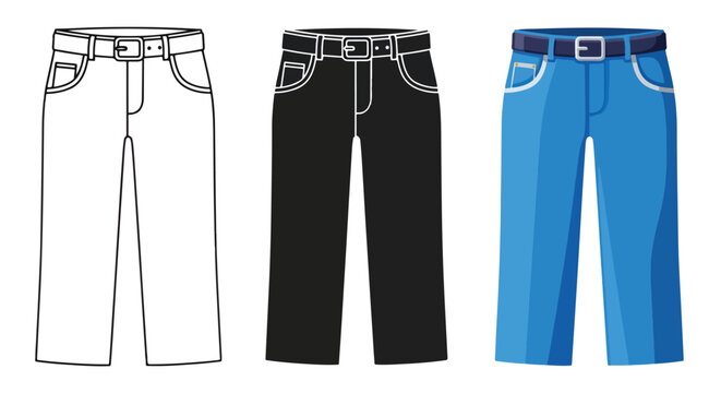 Pants Icon Set: Outline, Black, Blue - Minimalist, flat icon, outline, glyph, linear, clipart, sticker - icon set