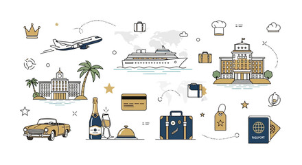 Travel and Vacation Icons: Airplane, Cruise Ship, Hotel, Car, Passport, Luggage, Champagne © renza