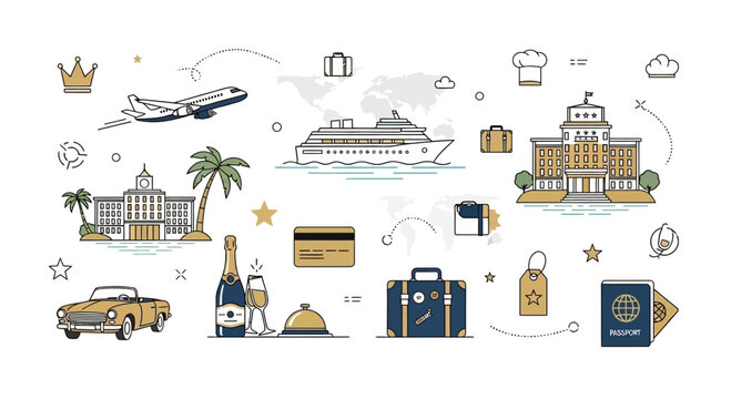 Travel and Vacation Icons: Airplane, Cruise Ship, Hotel, Car, Passport, Luggage, Champagne