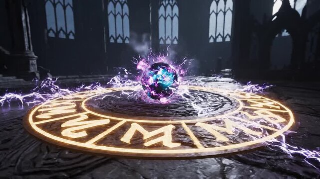 A mystical glowing orb crackles with purple energy on a circular summoning circle with ancient runes in a dark, gothic-style chamber.