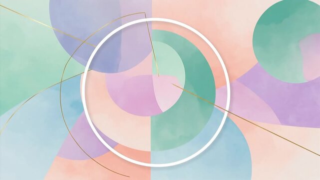 Abstract watercolor background with a central white circle, soft pastel colors, and delicate gold lines creating a modern artistic design.