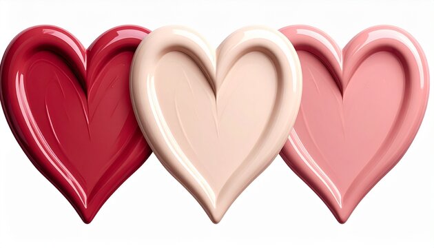 There are three heart-shaped liquid foundation swatches. They are arranged side by side and feature shades of pink, nude, beige, and red.