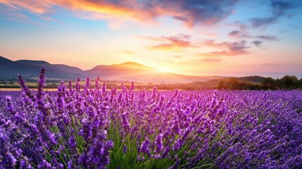 Naklejka premium Lavender plants swaying during golden sunrise over hills landscape