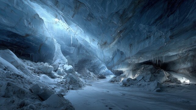 Vast blue ice cave interior with icicles, snow-covered rocks, and soft light illuminating the frozen underground landscape.