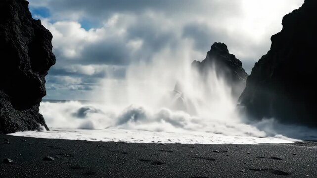 Dramatic ocean wave crashing against sand beach rocks in iceland under cloudy sky,volcanic landscape