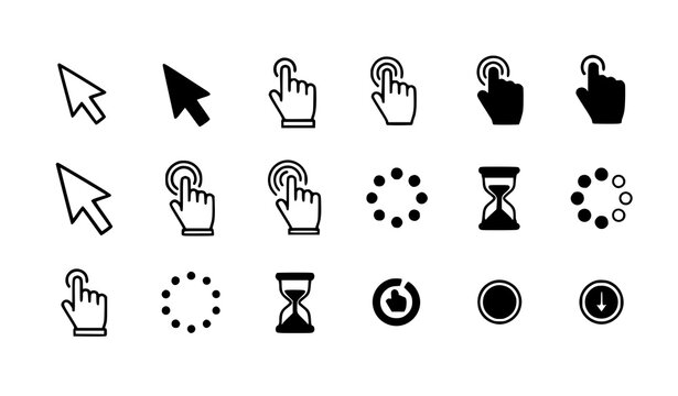 Pointer click icon set with cursor arrows hand clicks and loading symbols for web interface vector collection