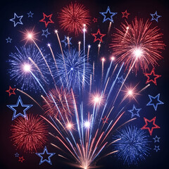 Obraz premium A vibrant display of red, white, and blue fireworks exploding in the night sky with star shapes