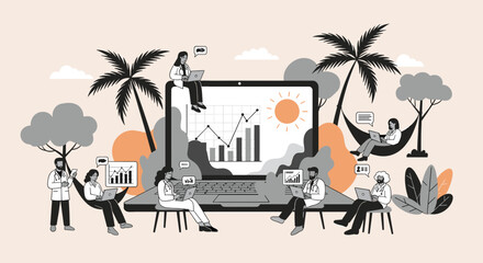 A doctor in a white coat stands under a tree with a patient, looking at a tablet with a concerned expression, conveying a sense of healthcare and cons © tordi