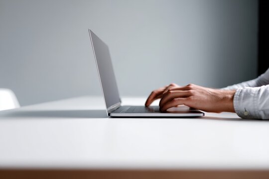 Close-up of hands typing on a slim laptop at a clean white desk in a minimalist office setting.