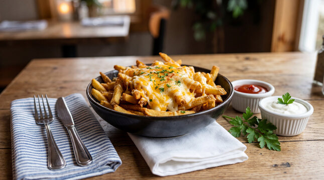 A bowl of cheesy fries on a wooden table with dipping sauces and utensils