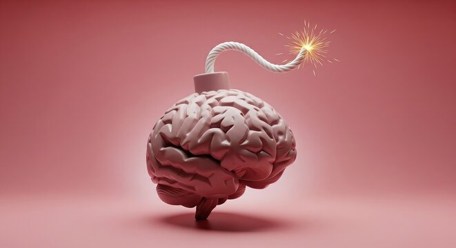 A brain with a lit fuse on top sparks an explosive idea indoors.