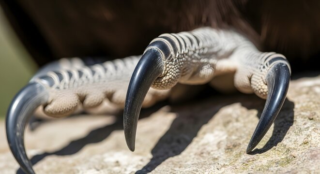 Extreme close up view of powerful turkey vulture talons resting on a rock showing detailed texture and sharp black claws