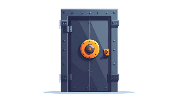 Cartoon style metallic vault door with turning wheel lock mechanism on white backdrop