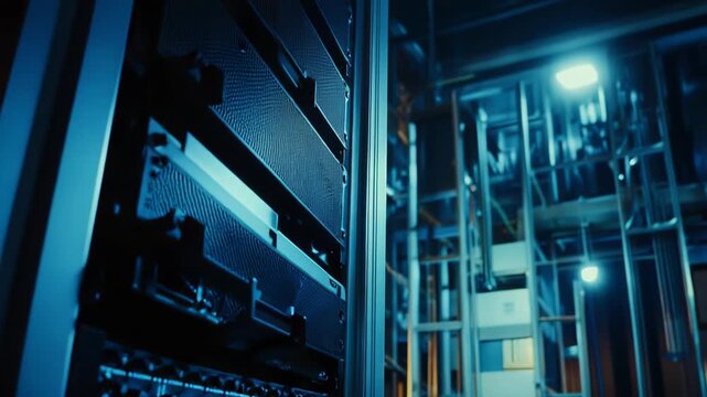Server racks containing digital hardware and network equipment are operating in a data center, highlighting the infrastructure for technology, computing, and information storage