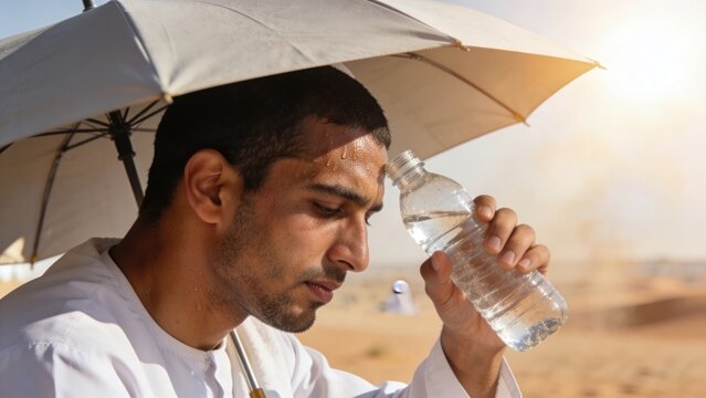 Man staying hydrated with water bottle under shade of a sun umbrella in the desert