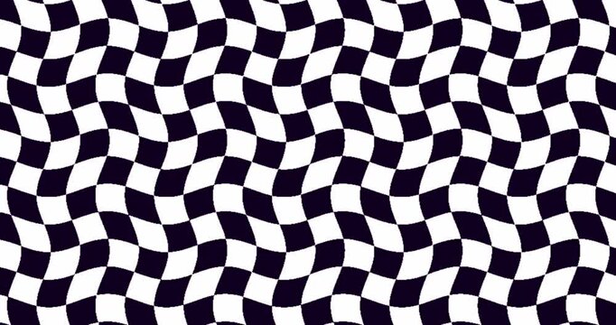 A dynamic black and white checkered pattern undulates and waves across the screen, creating a compelling visual effect. The classic geometric squares distort and flow, mimicking the movement of a flag