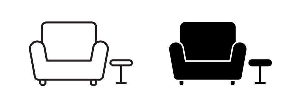 Airport lounge sofa vector icon set. couch or armchair symbol.