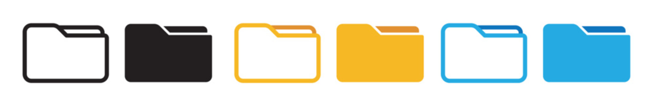 computer open data folder vector icon set in black, yellow and blue color. desktop save file ui symbol. information document organize folder sign.