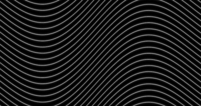 A mesmerizing abstract animation features a continuous flow of glowing white lines against a deep black background. The dynamic pattern gracefully shifts and morphs, transitioning between gentle curve