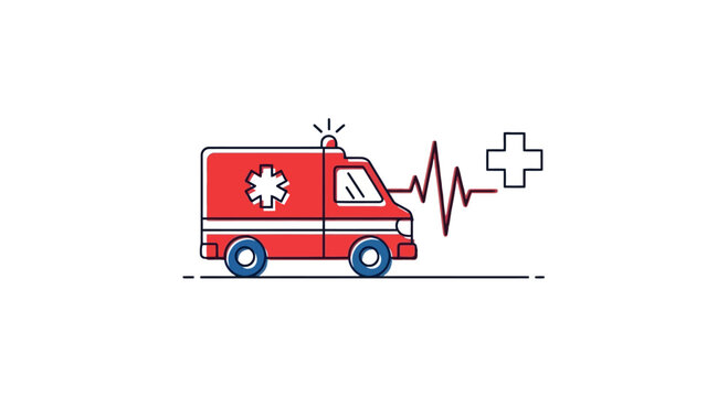 Red ambulance van with medical cross and heartbeat line icon, emergency medical services