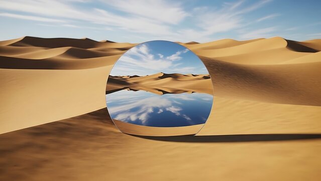 Desert Mirage Circle Reflects Sky and Dunes.