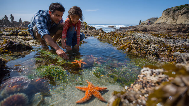 Father and daughter exploring starfish in a coastal tide pool