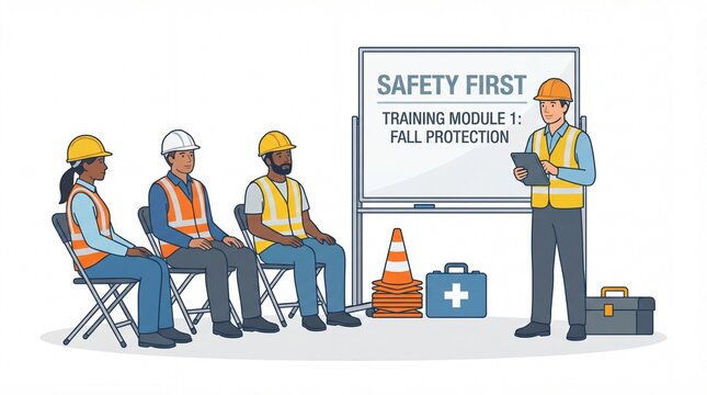Workers attending fall protection safety training course in classroom setting