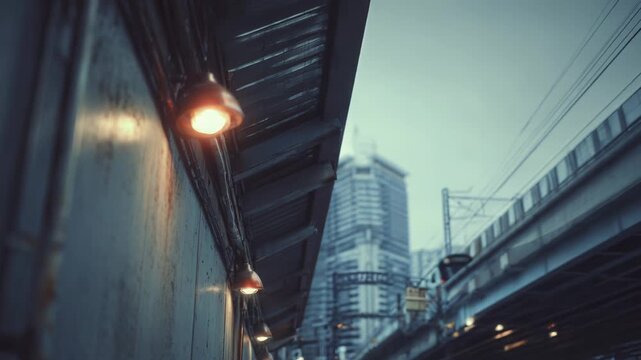 Train speeding over an elevated railway track, a city skyline in the blurry background, with warm lights illuminating a derelict platform in the foreground, creating a cinematic atmosphere