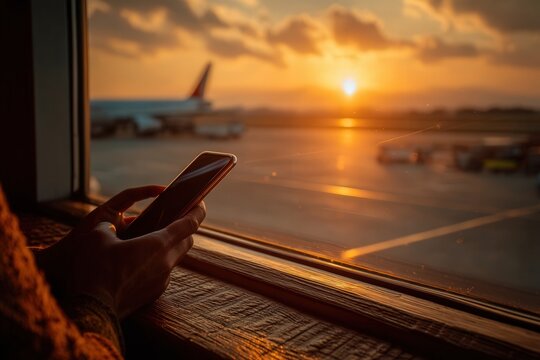 Traveler using smartphone by airport window at sunset, with airplane on the runway and warm golden light filling the terminal.