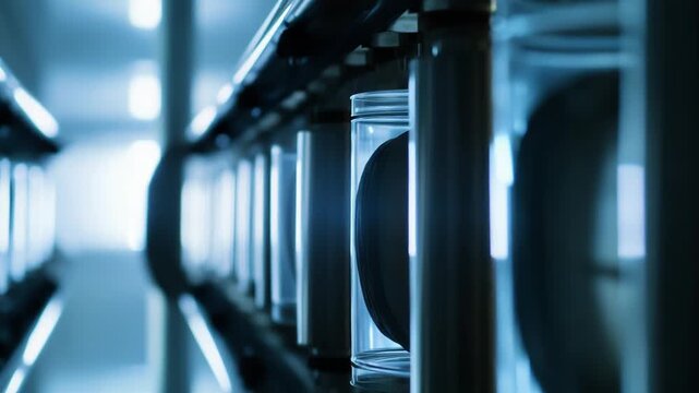 Advanced industrial technology operating in a futuristic data center, featuring rows of high performance computing equipment processing digital information with a cool blue light ambiance
