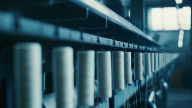 Textile manufacturing machine processing multiple spools of white cotton thread, symbolizing industrial production, factory automation, and fabric creation