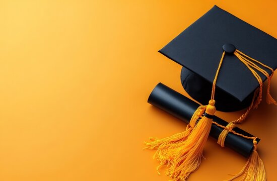 Black graduation cap with gold tassel and diploma scroll on vibrant orange background