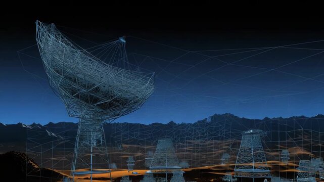 Massive radio telescope dishes and interconnected structures forming an astronomical observatory in a digital wireframe style, researching deep space and discovering cosmic signals from distance